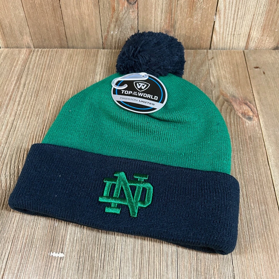 Notre Dame Irish Beanie Pom Knit Hat Cap Acrylic Green Navy Adult One Size NWT - Image 2 of 4