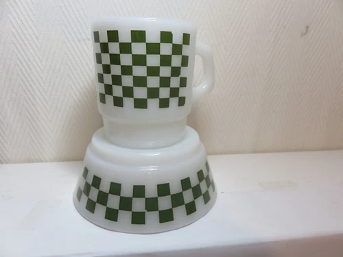 Vtg Fire King dark green checkerboard  milk glass coffee mug and cereal bow