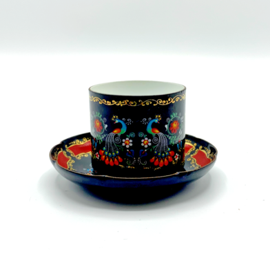 Tasse émaillée Arta Motif Paon – Vintage Autriche, Peint Main, Noir Et Couleurs
