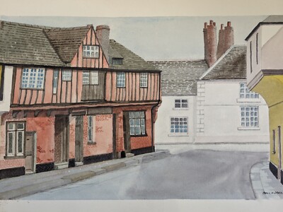 Vintage Original Aquarell Gemälde signiert von BWL Verstecktes Stadtbild mit Häusern