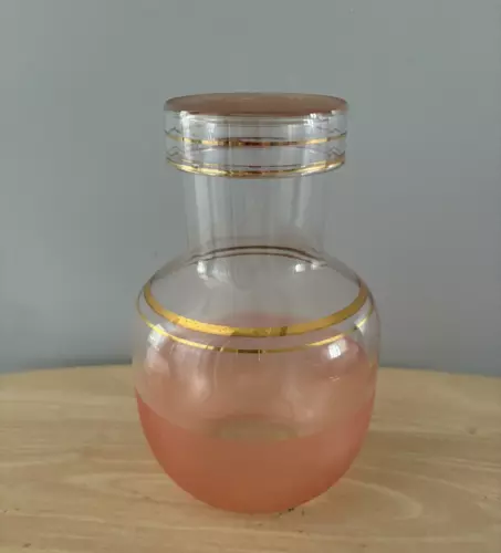 Vintage Libbey Pink Peach Frosted Gold Bands Decanter Pitcher Carafe & Lid MCM