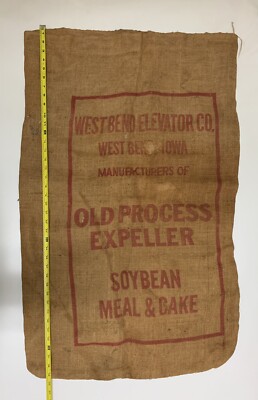 Vintage WestBend Elevator Company Soybean Meal Large Burlap Bag Westbend Ohio