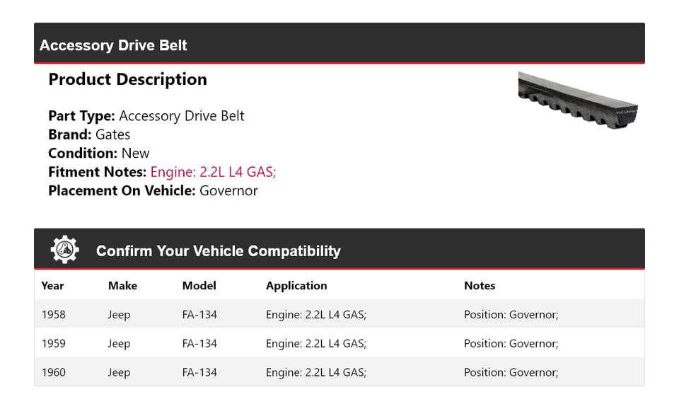 Para Jeep FA-134 1958-1960 2,2 L L4 Gas Accesorio Correa de transmisión Gobernador Puertas 1959 Foto 2 de 4