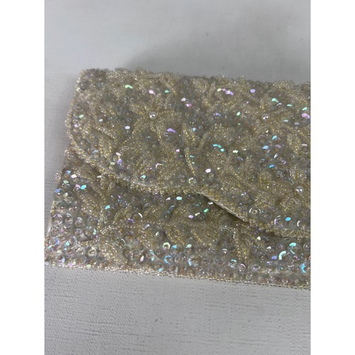 Vintage Beaded Evening Clutch Iridescent Sequins Made Hong Kong Cream - Picture 15 of 20