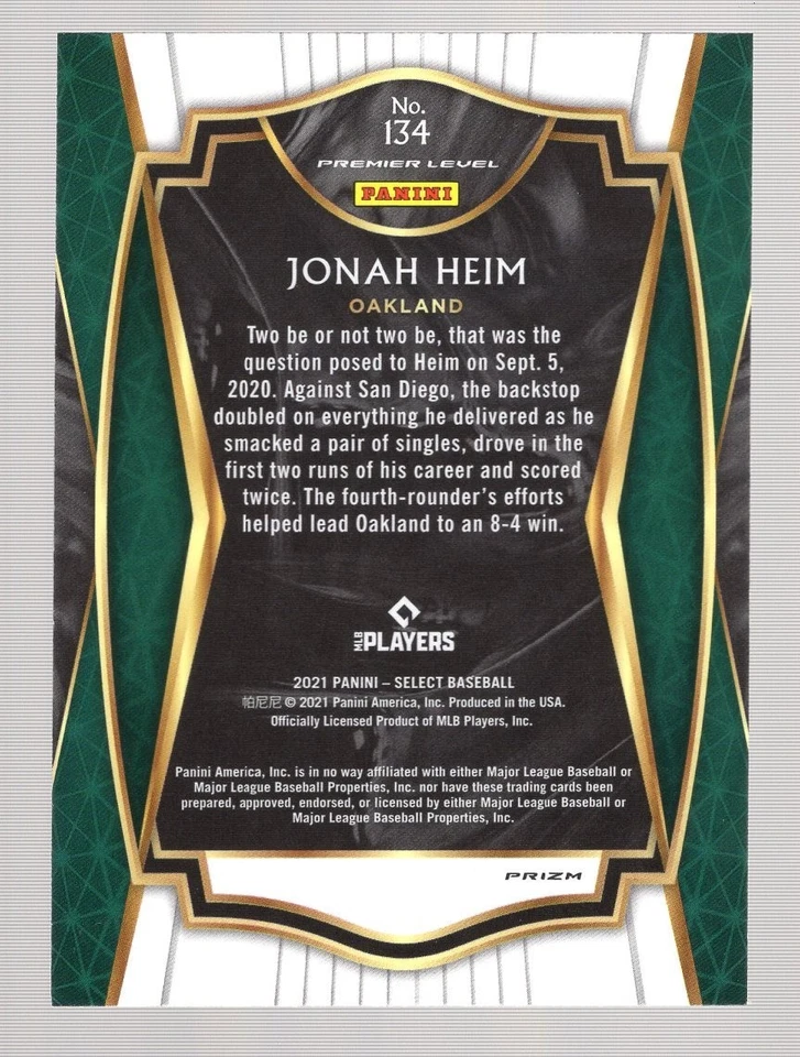 JONAH HEIM 2021 PANINI SELECT PREMIER LEVEL ZEBRA PRIZM RC #134 **A'S/RANGERS** - Image 2 of 2