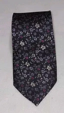 Cremieux Mens Neck Tie Black With Multicolor Flowers 100% Silk Made In Italy