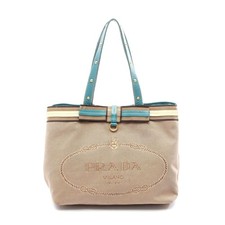 Prada Canvas Leather Logo Jacquard Tote Bag Women Beige One Size