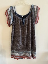 Free People Boho Mini Dress White Blue Cold Shoulder Short Flutter Sleeve Size M