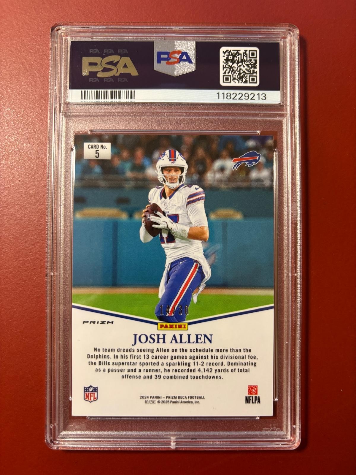 2024 PANINI PRIZM DECA/ JOSH ALLEN/ MVP MOJO PRIZM/ 14/30/ PSA 9 view 2