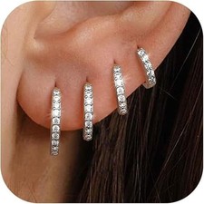 4 Pairs Small Silver Hoop Earrings Set for Women, Sterling Silver Tiny Lightweig