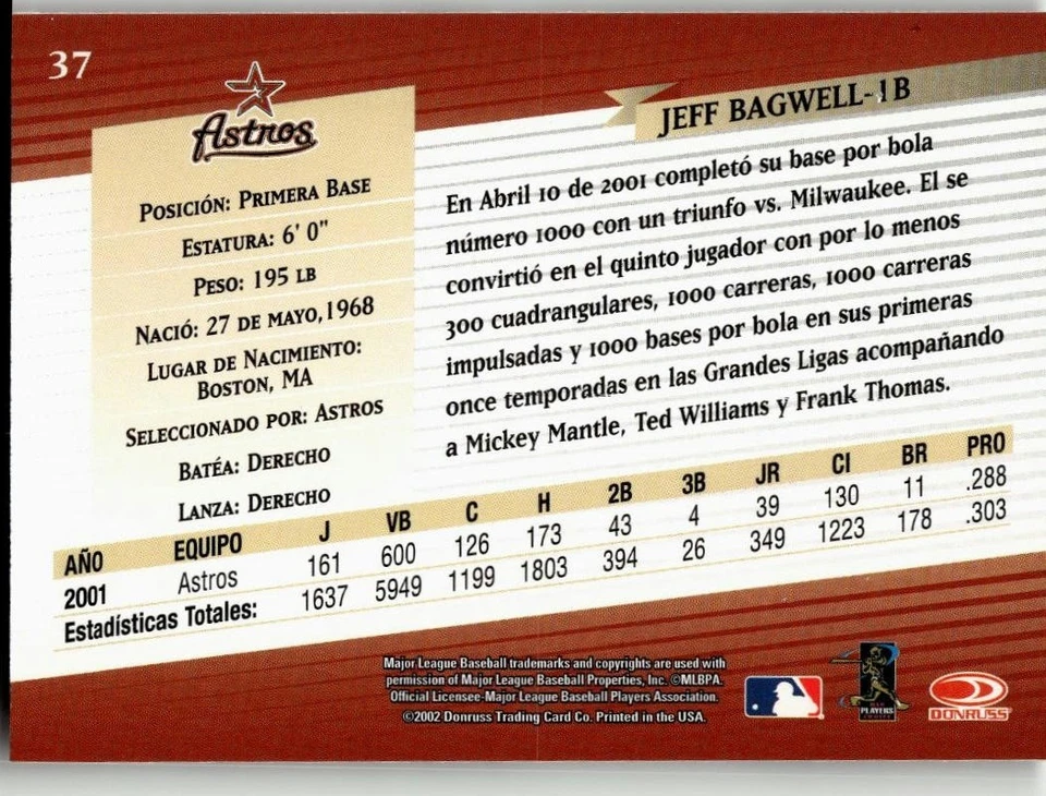 Jeff Bagwell 2002 Donruss Super Estrellas Baseball Houston Astros - Image 2 of 2