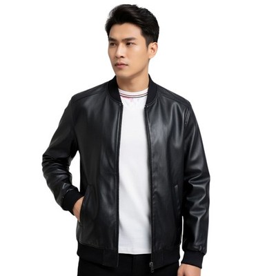 Men's Black Genuine Leather Bomber Jacket Slim Fit Biker Motorcycle Real Leather