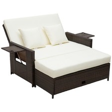 Image of Outsunny Rattan Sun Lounger 2 Seater Day Bed-Brown