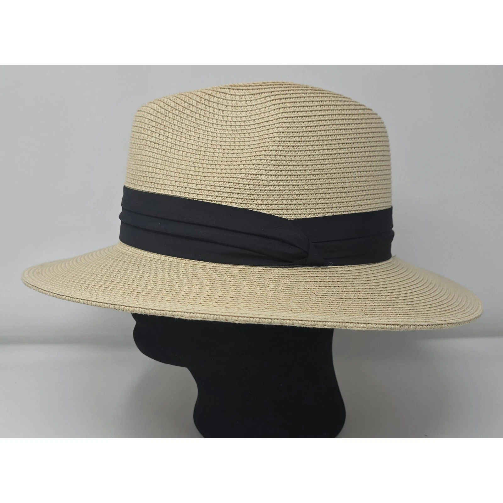 FURTALK Paper Straw Fedora Black Band Wide Brim Sun Panama Hat Size L
