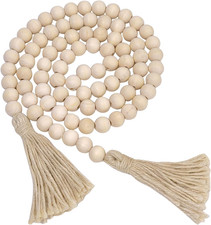 58-Inch Natural Wooden Bead Garland with Tassels - Rustic Farmhouse Boho Decor f