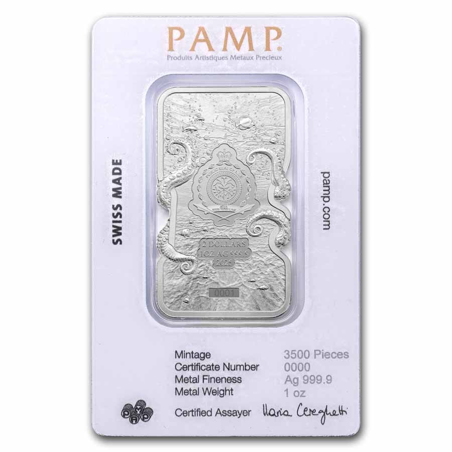 2025 Niue 1 oz Silver Nature's Grip Giant Octopus $2 Bar in Assay