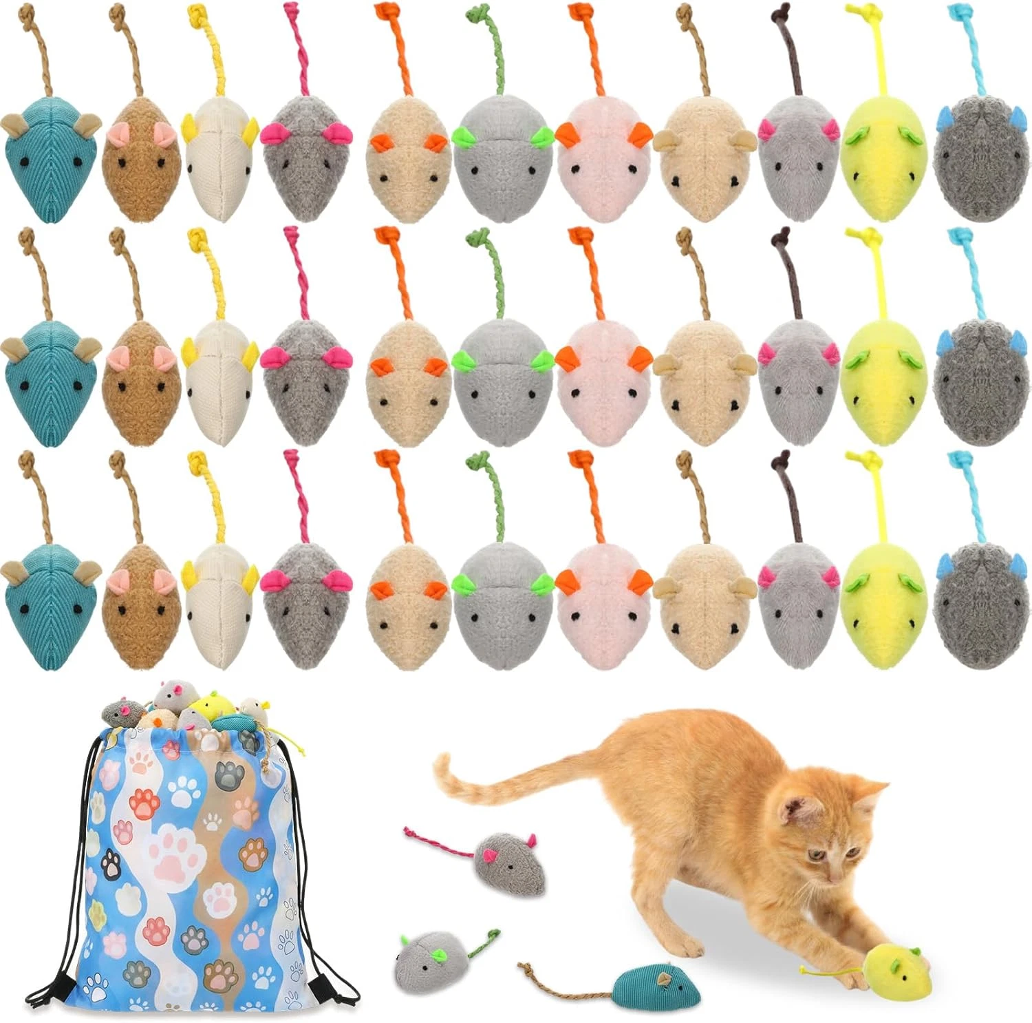 50 Pack Assorted Mice Cat Toys Bulk 1 Paw Gift Storage Bags Set Furry Mouse Mini