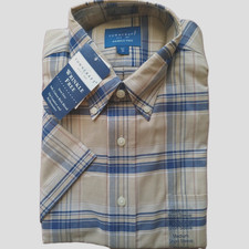 TownCraft Shirt Wrinkle Free Medium Short Sleeve Beige/Blue Stripe