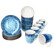 Marina 18tlg Frühstücksset Porzellan 6 Pers kleine Teller Schale Becher blau