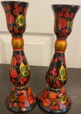 Set of 2 Russian Khokhloma Hand Painted Wooden Candlestick Holders 8"