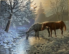 Paint By The Number -Horses-Frosty Morning -Completed- Beautifully Done 20  X16  