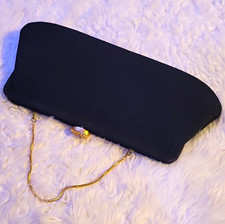 Black Satin Clutch Evening Bag Gold Chain Shoulder Strap Rhinestone Clasp