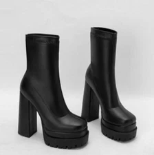 Women's elastic Ankle Boote 14.5CM Chunky High Heel Shoes Round Toe Fashion 43