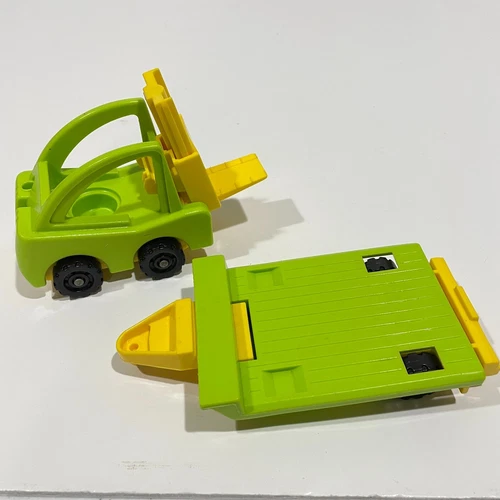 Vintage Fisher Price Childrends Green Forklift Truck And Container Wagon Toys