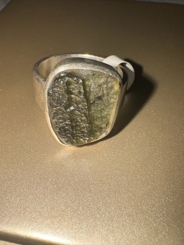 Moldavite Tektite Natural 7.45 G Total 925 Sterling Silver Unisex Ring Size 6.5