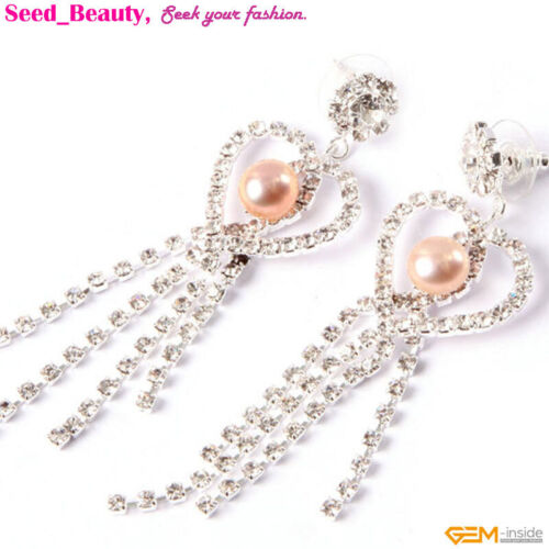 Silver Rhinestone Freshwater Pearl Beads Heart Hoop Tassel Dangle Earrings Gift - Picture 1 of 11