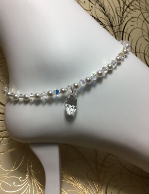 Handmade Clear Pearl Swarovski Element Ankle Bracelet/Anklet + Free Toe Ring USA