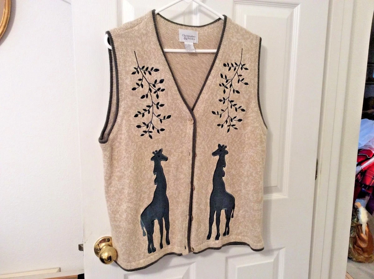 Christopher & Banks Womens Cardigan Sweater Vest Giraffes Tan