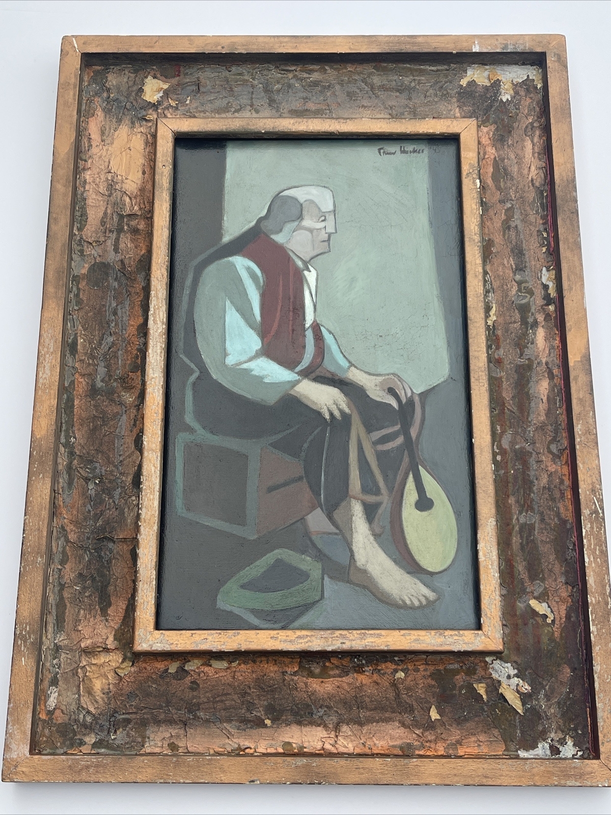 TREW HOCKER PAINTING ANTIQUE WPA ERA PORTRAIT MUSICIAN MANODLIN MODERNISM LISTED