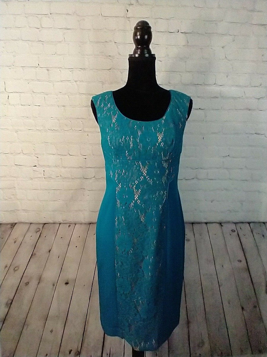EUC teal lace over nude ADRIANNA PAPELL sheath dress - size 6 / BARELY  WORN!!!!