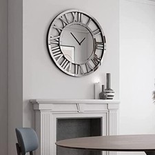 40x40cm Full Mirrored Wall Clock Large Roman Numeral Clock Silver Finish