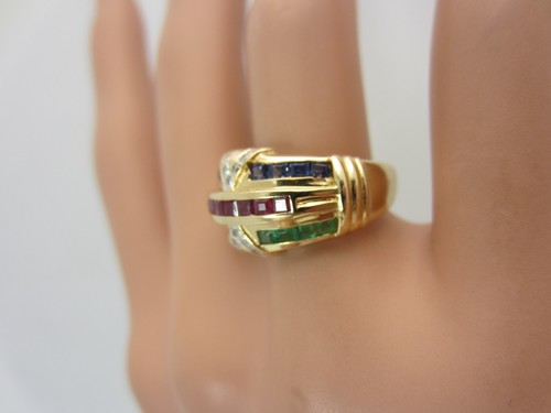 14k Oro Giallo Rubino Smeraldo Blu Zaffiro e Diamante Anello 0.95 KT Tw Cupola - Foto 7 di 16