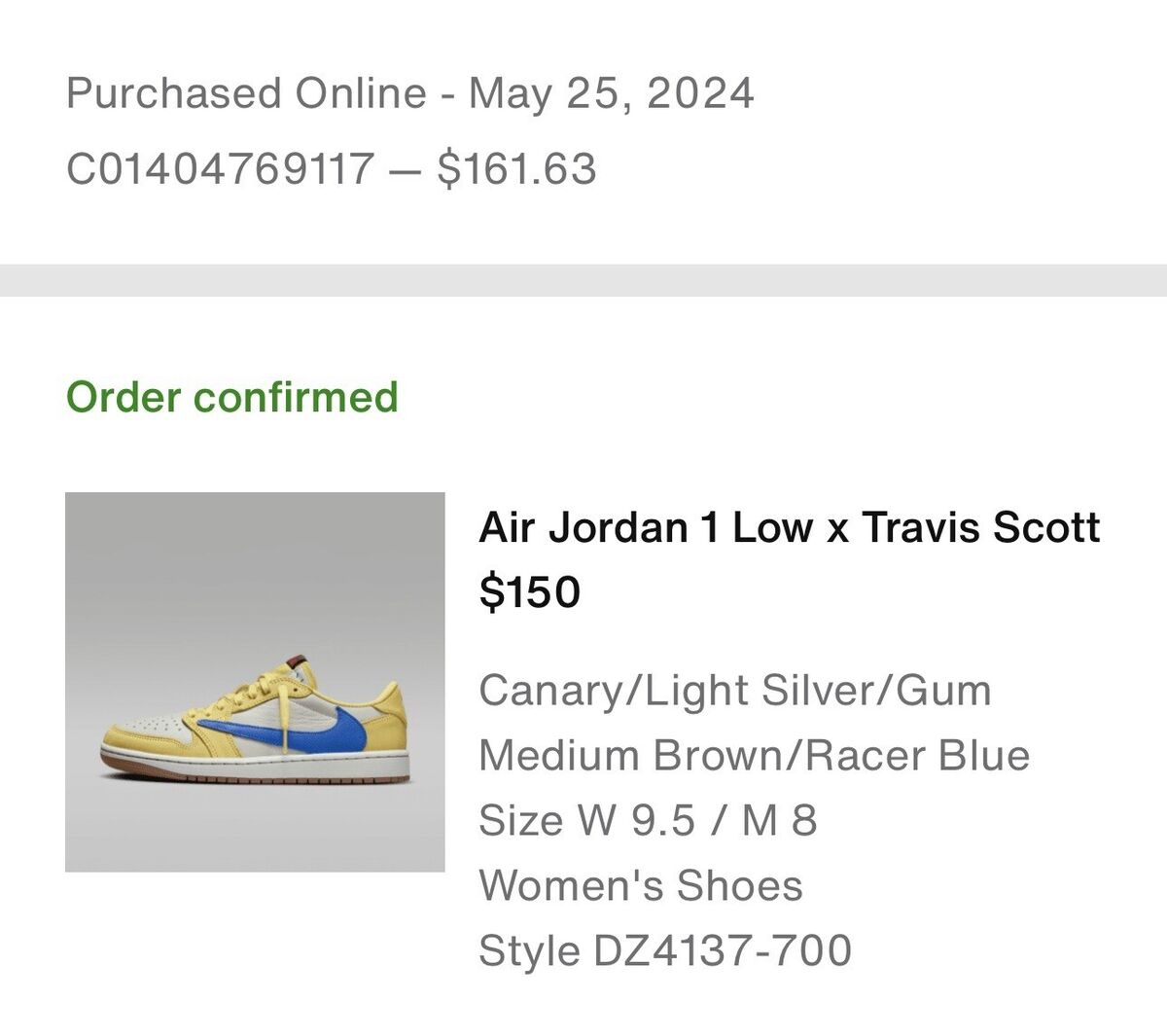 Travis Scott x Air Jordan 1 Low OG Canary Women's Size W 9.5 Travis Scott x Air Jordan 1 Low OG Canary Women's Size W 9.5