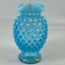 Vintage blue Opalescent Fenton Ruffled Rim Hobnail Glass small bud vase