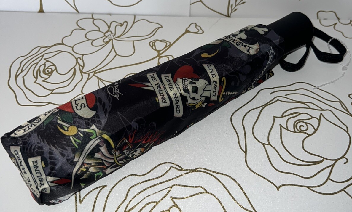 ED HARDY Black Multicolor Love Kills Slowly Auto Open Matching Umbrella