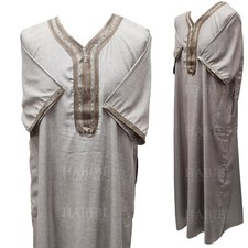 Men Moroccan Short Sleeves Beige/Brown Thobe Jubba Kandora