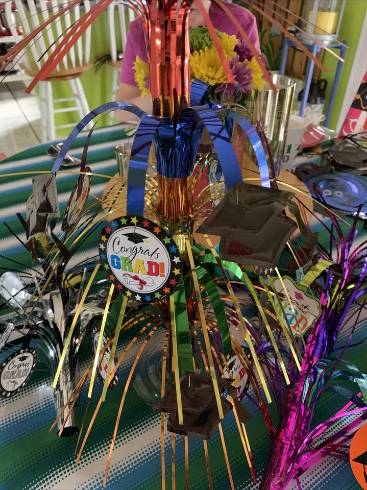 4 Graduation Colorful Cascade 8.5” Centerpiece, Foil Grad Party Decor W/1 Holder - Image 3 of 4