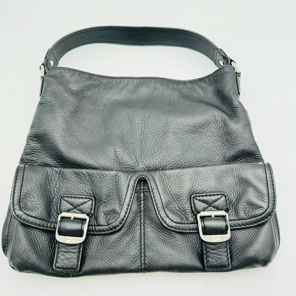 Michael Kors Black Pebbled Leather Hobo Slouch Bag Silver Hardware EUC
