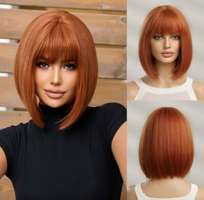 Wig Layered Straight with Bangs Auburn / Copper / Red  Bob heat resistant Hair