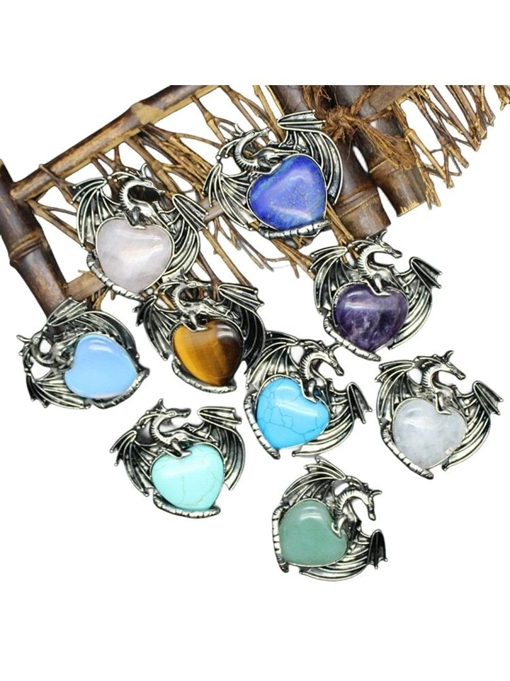 Collar Chakra Curativo Cristal Dragón Mujeres Hombres Amor Corazón Piedras Preciosas Pterosaurio Foto 3 de 4