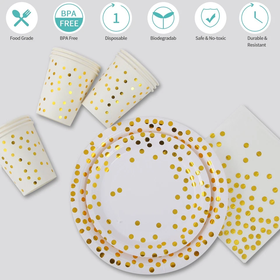 Juego de fiesta desechable blanco y dorado 176 piezas - platos, tazas, servilletas, cubiertos Foto 4 de 4
