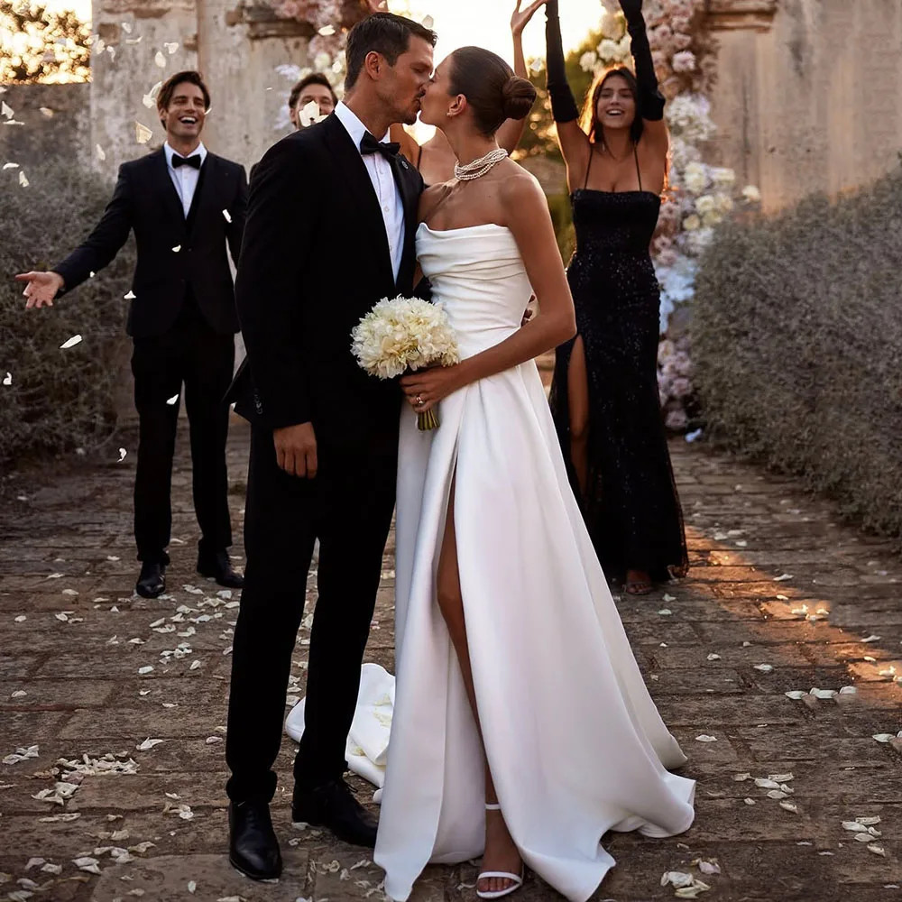 Vestidos de novia simples de satén plisados vestidos de novia abertura lateral ceremonia de novia 2026