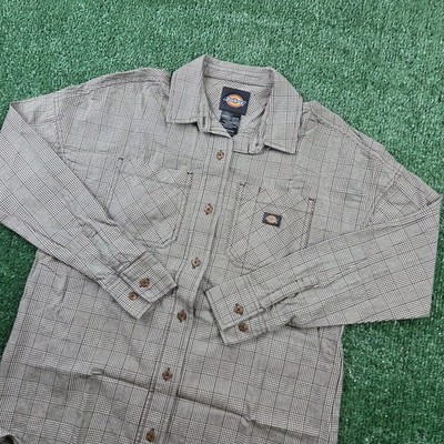 Dickies Mens Glen Plaid Button Down Shirt Brown Tan Long Sleeve Workwear XS/TP