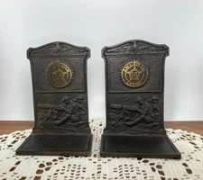 Antique WWI Era Bronze US American Legion Bookends Machine Gunners