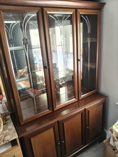 Brown Freestanding Wood & Glass Display Cabinet, Glass Fronted, 8 Doors, Shelves