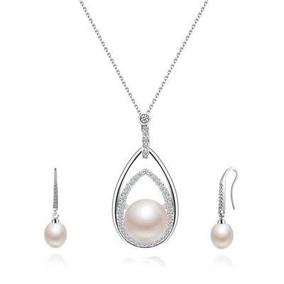 Freshwater Cultured Pearl Pendant Necklace & Drop Earrings Set - 925 Sterling...